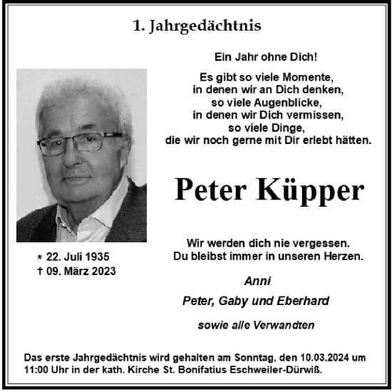 Traueranzeige von Peter Küpper von Zeitung am Sonntag