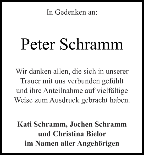 Traueranzeige von Peter Schramm von Zeitung am Sonntag