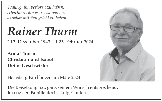 Traueranzeige von Rainer Thurm von Zeitung am Sonntag
