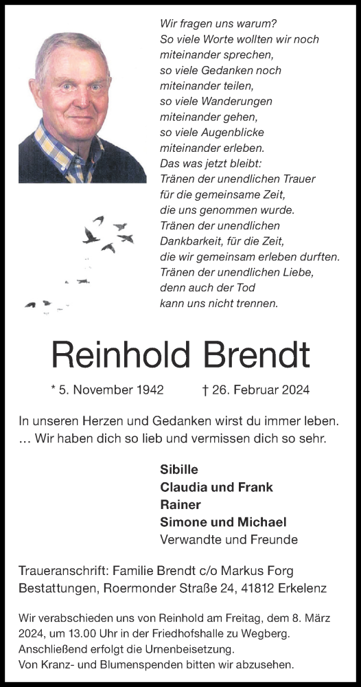 Traueranzeige von Reinhold Brendt von Zeitung am Sonntag