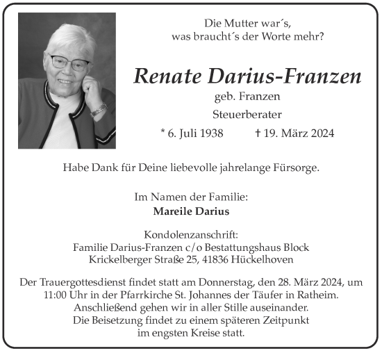 Traueranzeige von Renate Darius-Franzen von Zeitung am Sonntag