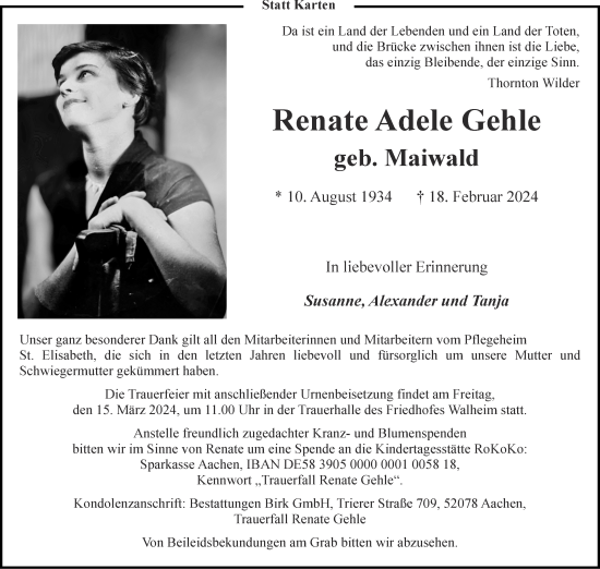 Traueranzeige von Renate Adele Gehle von Aachener Zeitung