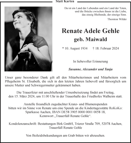 Traueranzeige von Renate Adele Gehle von Zeitung am Sonntag