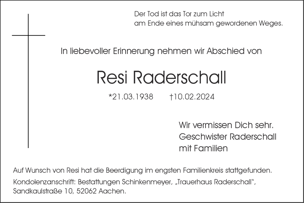  Traueranzeige für Resi Raderschall vom 17.03.2024 aus Zeitung am Sonntag