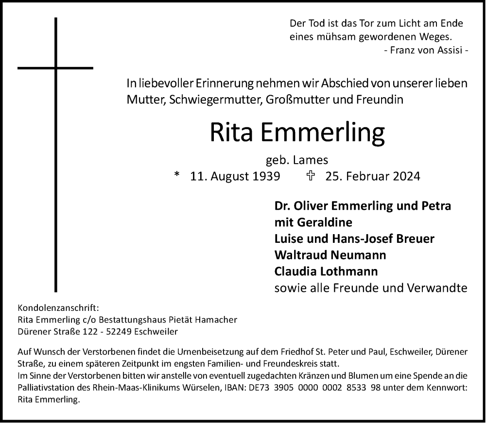  Traueranzeige für Rita Emmerling vom 09.03.2024 aus Aachener Zeitung