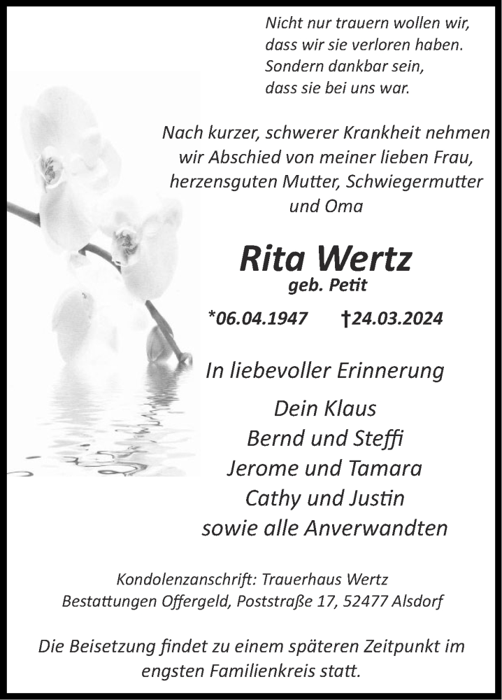  Traueranzeige für Rita Wertz vom 31.03.2024 aus Zeitung am Sonntag