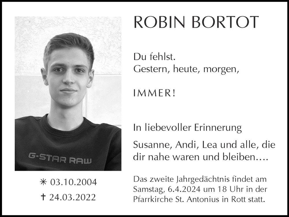  Traueranzeige für Robin Bortot vom 31.03.2024 aus Zeitung am Sonntag