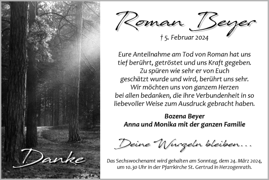 Traueranzeige von Roman Beyer von Zeitung am Sonntag