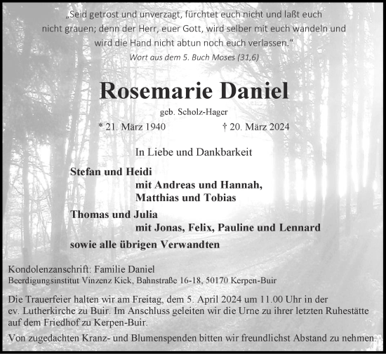 Traueranzeige von Rosemarie Daniel von Zeitung am Sonntag