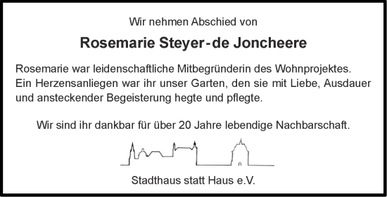 Traueranzeige von Rosemarie Steyer-de Joncheere von Aachener Zeitung