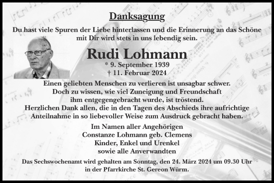 Traueranzeige von Rudi Lohmann von Zeitung am Sonntag