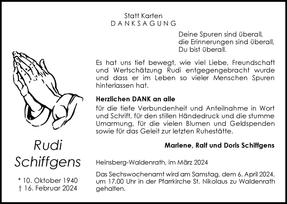  Traueranzeige für Rudi Schiffgens vom 24.03.2024 aus Zeitung am Sonntag