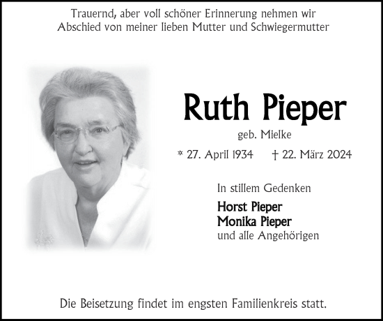 Traueranzeige von Ruth Pieper von Zeitung am Sonntag