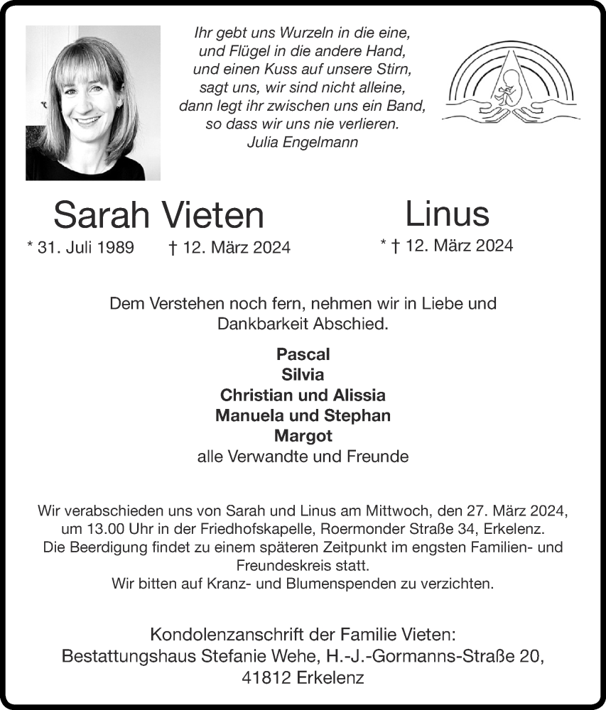  Traueranzeige für Sarah Vieten vom 24.03.2024 aus Zeitung am Sonntag