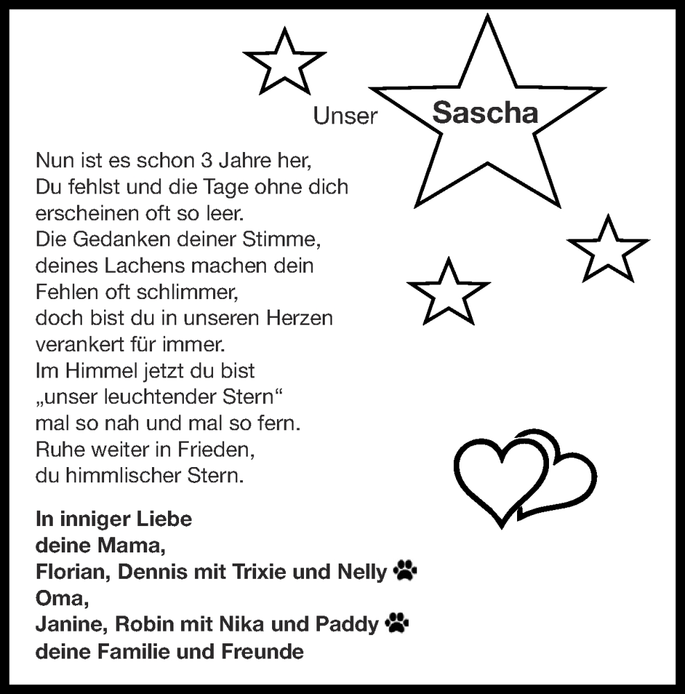  Traueranzeige für Sascha Müller  vom 17.03.2024 aus Zeitung am Sonntag