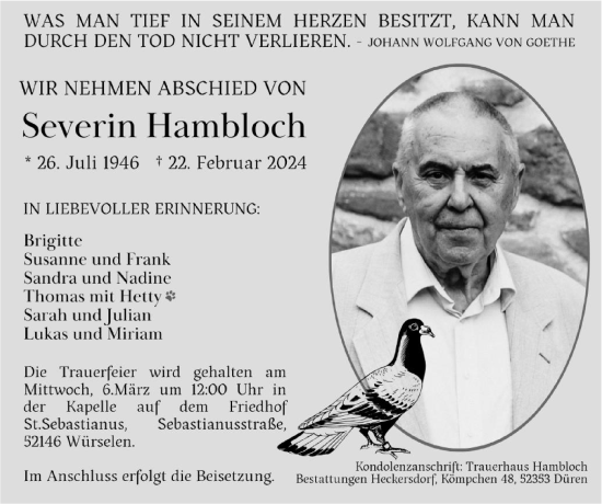 Traueranzeige von Severin Hambloch von Zeitung am Sonntag