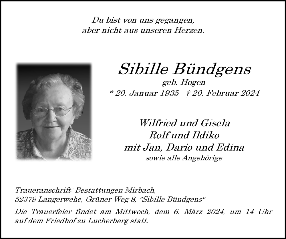  Traueranzeige für Sibille Bündgens vom 03.03.2024 aus Zeitung am Sonntag