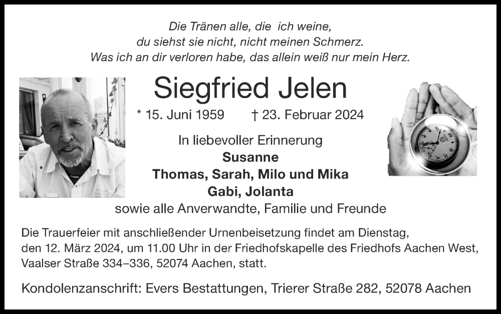  Traueranzeige für Siegfried Jelen vom 03.03.2024 aus Zeitung am Sonntag