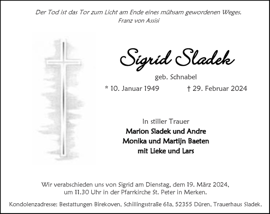 Traueranzeige von Sigrid Sladek von Zeitung am Sonntag