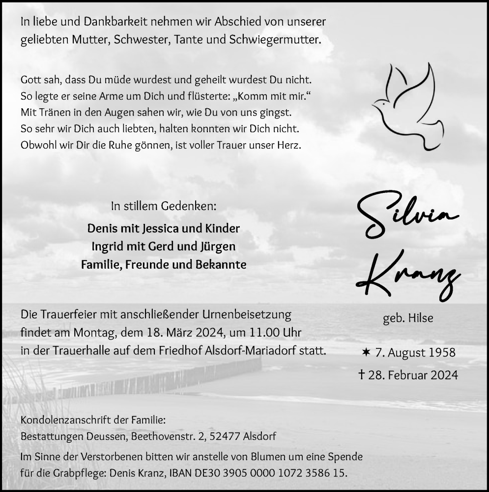  Traueranzeige für Silvia Kranz vom 17.03.2024 aus Zeitung am Sonntag