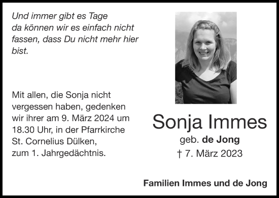 Traueranzeige von Sonja Immes von Zeitung am Sonntag