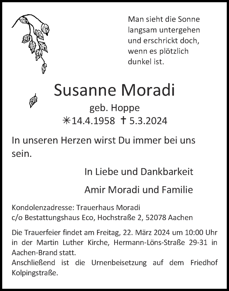  Traueranzeige für Susanne Moradi vom 17.03.2024 aus Zeitung am Sonntag