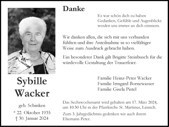Traueranzeige von Sybille Wacker von Zeitung am Sonntag