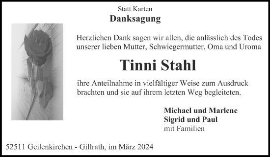 Traueranzeige von Tinni Stahl von Zeitung am Sonntag