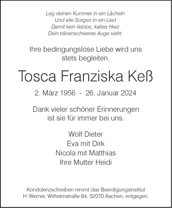 Traueranzeige von Tosca Franziska Keß von Aachener Zeitung