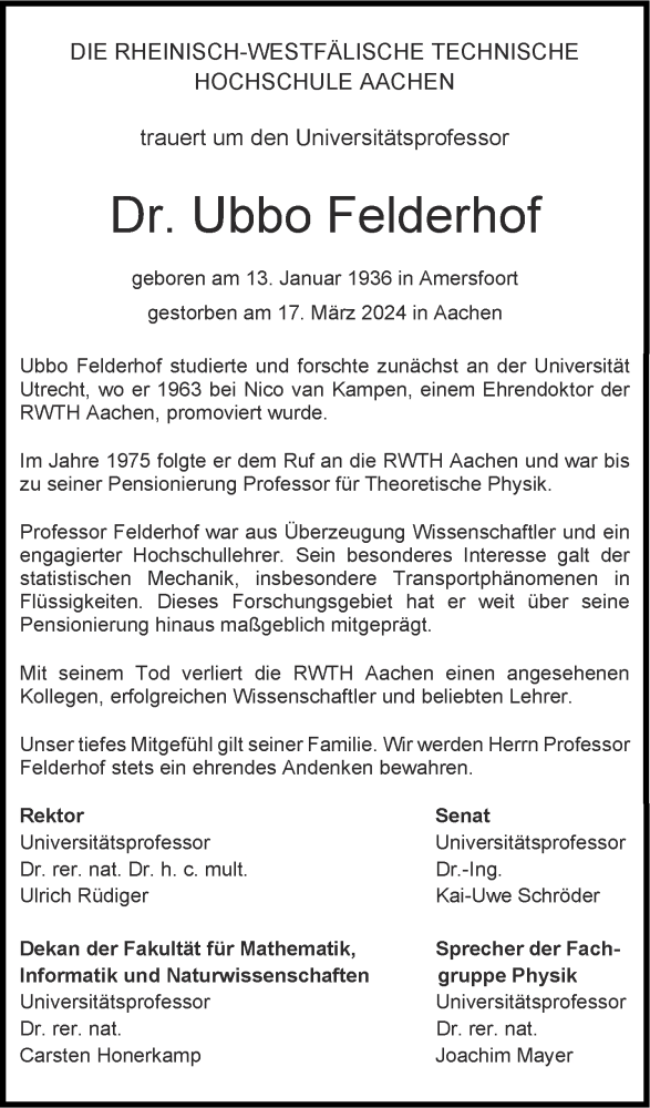  Traueranzeige für Ubbo Felderhof vom 30.03.2024 aus Aachener Zeitung
