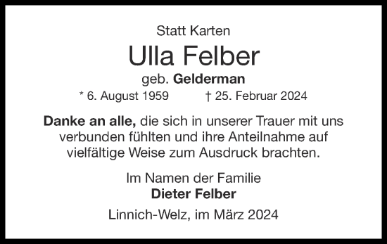 Traueranzeige von Ulla Felber von Zeitung am Sonntag
