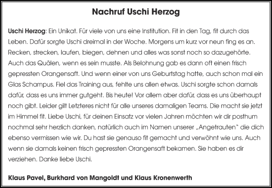 Traueranzeige von Uschi Herzog von Aachener Zeitung