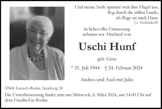 Traueranzeige von Uschi Hunf von Zeitung am Sonntag