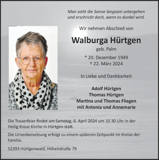 Traueranzeige von Walburga Hürtgen von Zeitung am Sonntag