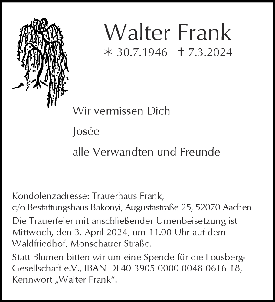  Traueranzeige für Walter Frank vom 30.03.2024 aus Aachener Zeitung