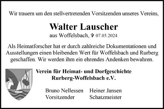 Traueranzeige von Walter Lauscher von Zeitung am Sonntag