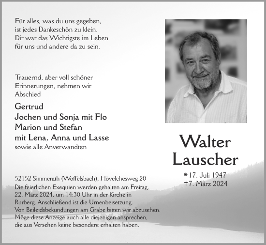 Traueranzeige von Walter Lauscher von Zeitung am Sonntag