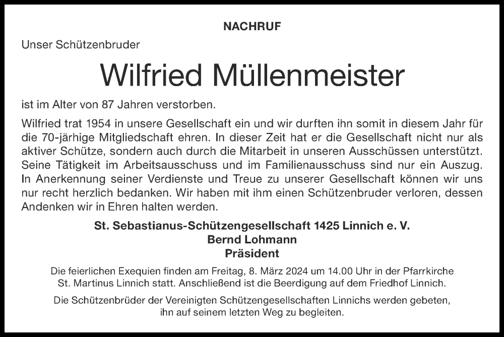  Traueranzeige für Wilfried Müllenmeister vom 03.03.2024 aus Zeitung am Sonntag