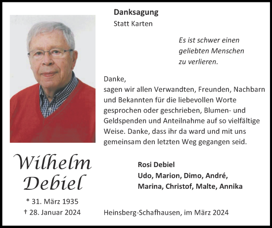 Traueranzeige von Wilhelm Debiel von Zeitung am Sonntag