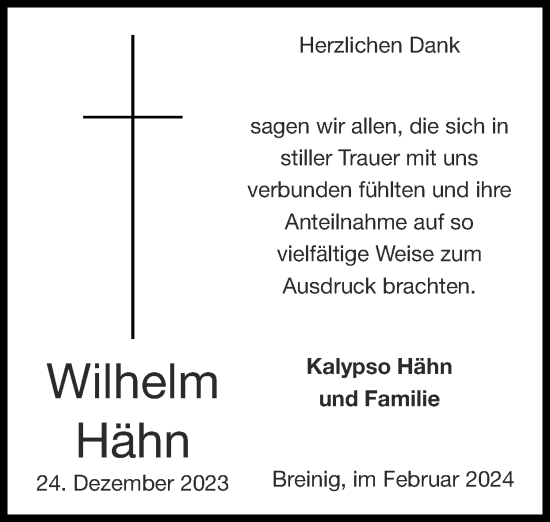 Traueranzeige von Wilhelm Hähn von Zeitung am Sonntag