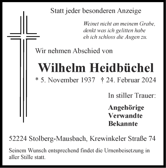 Traueranzeige von Wilhelm Heidbüchel von Zeitung am Sonntag