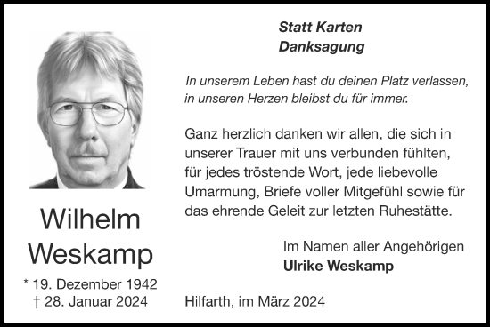 Traueranzeige von Wilhelm Weskamp von Zeitung am Sonntag