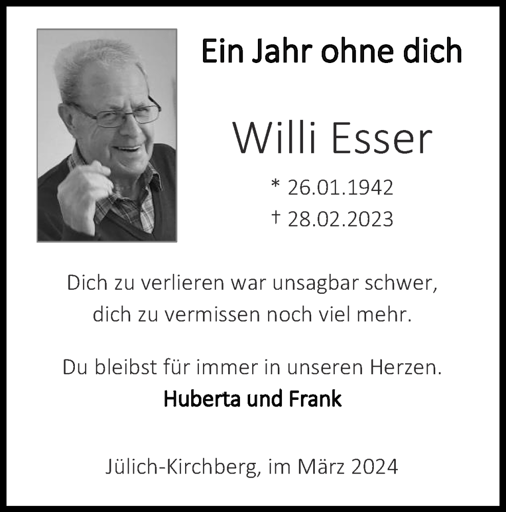  Traueranzeige für Willi Esser vom 03.03.2024 aus Zeitung am Sonntag