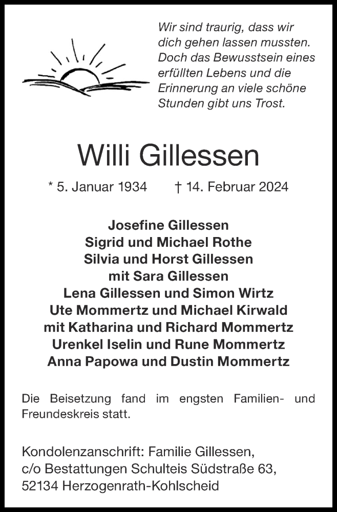  Traueranzeige für Willi Gillessen vom 17.03.2024 aus Zeitung am Sonntag