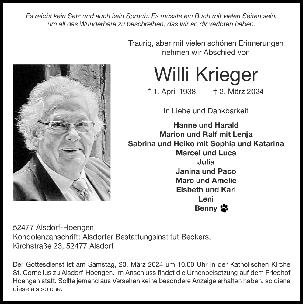  Traueranzeige für Willi Krieger vom 17.03.2024 aus Zeitung am Sonntag