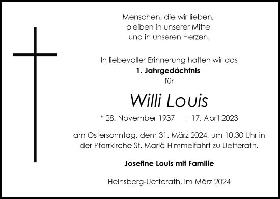 Traueranzeige von Willi Louis von Zeitung am Sonntag