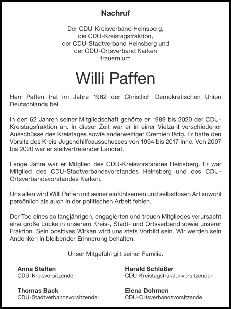  Traueranzeige für Willi Paffen vom 17.03.2024 aus Zeitung am Sonntag