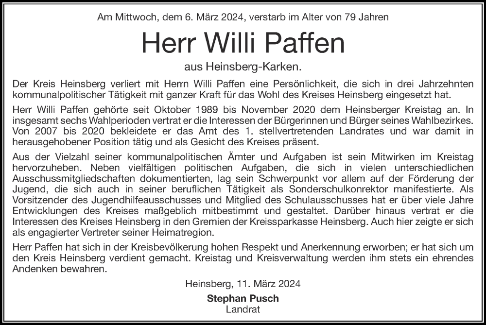  Traueranzeige für Willi Paffen vom 17.03.2024 aus Zeitung am Sonntag