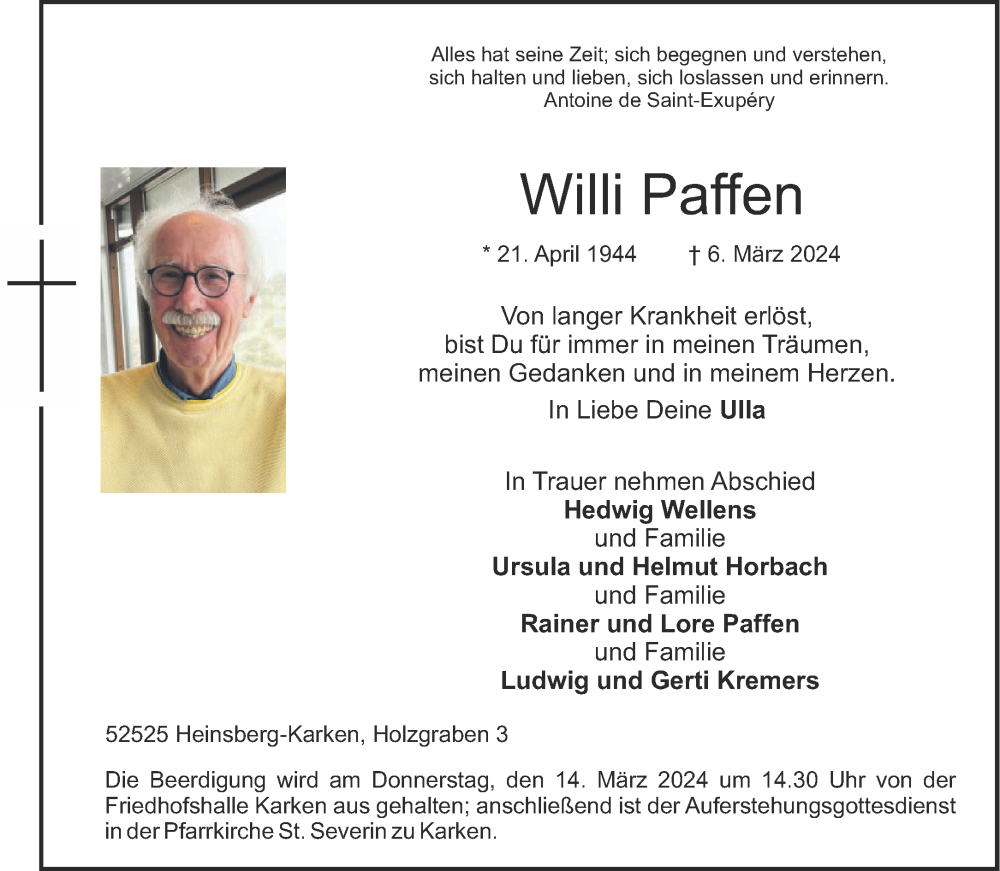 Traueranzeige für Willi Paffen vom 09.03.2024 aus Aachener Zeitung