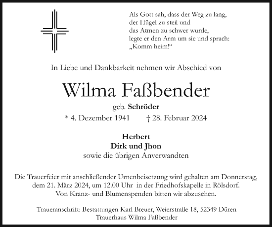 Traueranzeige von Wilma Faßbender von Zeitung am Sonntag